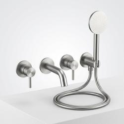 Aquanello Eterna Nerezová vestavná koupelnová souprava se 2 směšovacími bateriemi výtokem o délce 18 cm a kulatou ruční sprchou ET-B-SET4-2-02